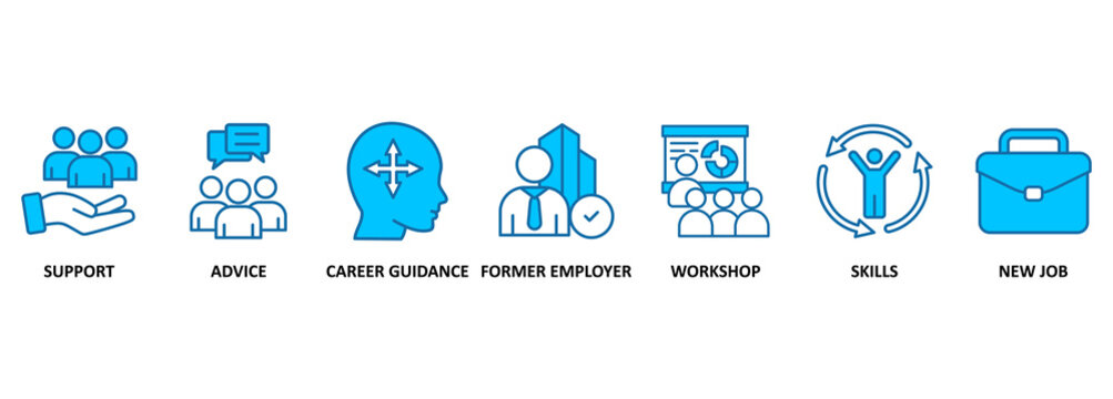 Outplacement banner web icon vector illustration concept with icon of support, advice, career guidance, former employer, workshop, skills, new job, training, and presentation 