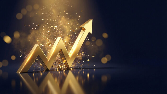 Golden zigzag W-shaped arrow with warm sparkle particles rising on dark background