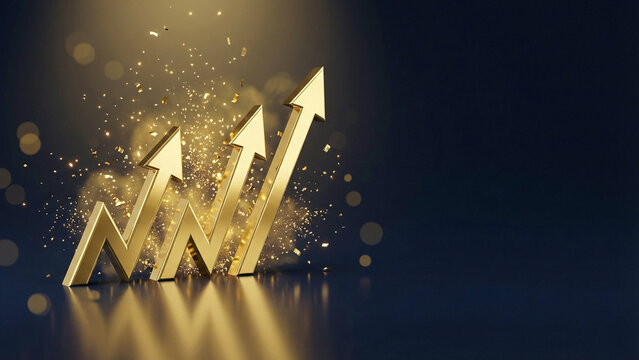 Multiple golden upward arrows with glowing sparkle trail on warm bokeh background
