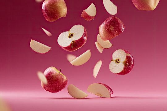 Sliced and whole red apples in mid-air with water droplets, pink background