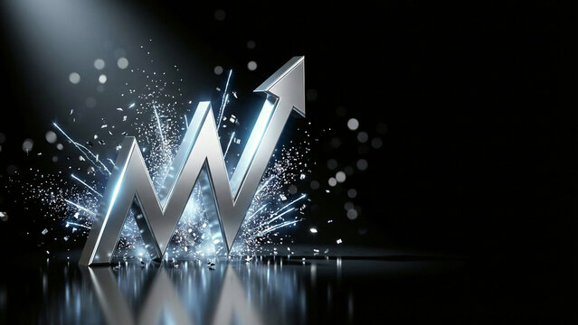 Dynamic golden W-shaped arrow with scattered light particles on amber background