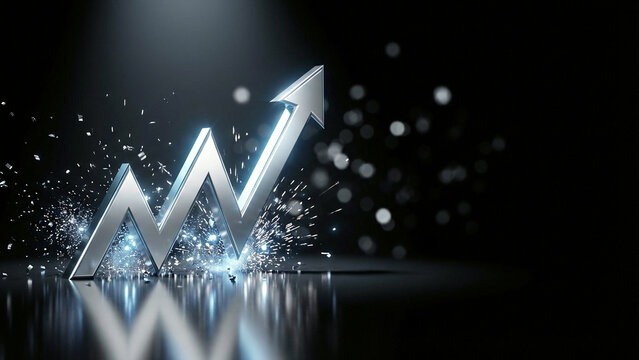 Silver white metallic zigzag arrow rising with luminous particles on dark backdrop