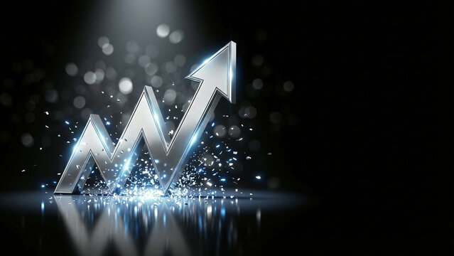 Golden W-shaped zigzag arrow with sparkling bokeh particles on dark warm background