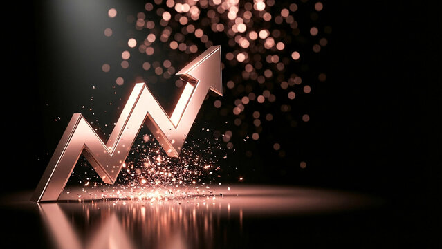 Glossy golden zigzag arrow with sparkle particles on warm backdrop