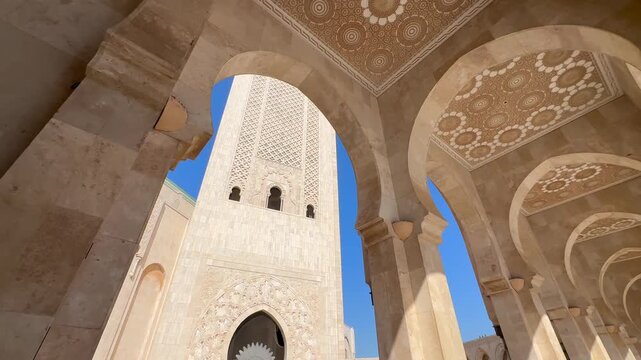 Low angle 4K video of The Hassan II Mosque largest mosque in Morocco.