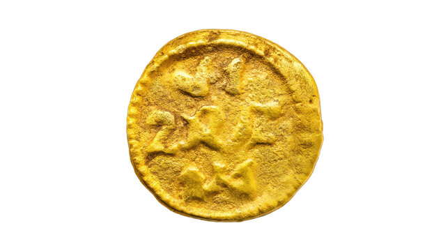 Single ancient weathered gold coin with indistinct worn-away numerical markings displaying incredible age and rugged historical character isolated on transparent background.