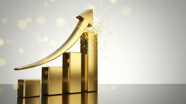 Golden 3D rising arrows bar chart showing business growth and success