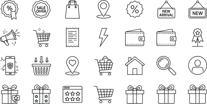 Collection of Black and White Sale, Shopping, and Business Icons Including Cart, Gift, Location, and Discounts