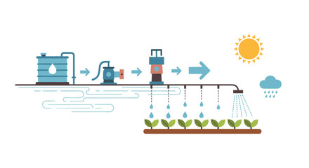 Naklejka premium A diagram shows an irrigation system with a water tank, pump, pipes, and sprinklers watering plants.