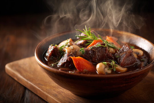 Beef bourguignon is a classic French dish, a slow-cooked beef stew with red wine sauce, carrots, mushrooms, and onions in a simple bowl.