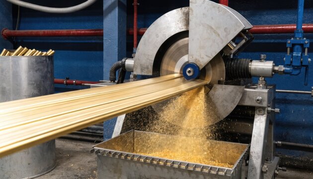 Medium shot of automated cutting saw slicing freshly extruded brass bars into precise lengths emphasizing accuracy and industrial precision in metal manufacturing.