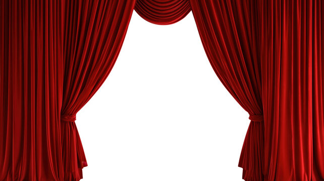 Elegant deep crimson red velvet theater curtains pulled back to reveal an empty central stage for grand entertainment and theatrical performances isolated on transparent background.