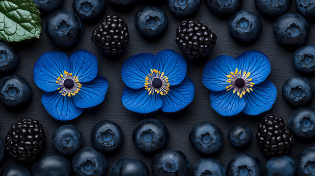Dark, moody arrangement of fresh blueberries, ripe blackberries, and vibrant blue flowers scattered on textured black surface, accented by single green mint leaf.