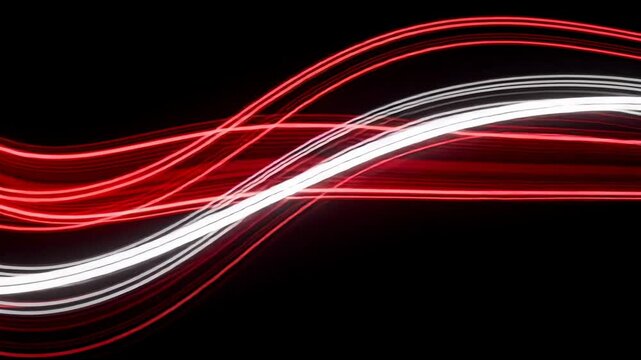Abstract flowing red and white light trails on black background for dynamic energy and technology