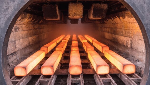 Medium shot of an electric reheating furnace showing billets inside being uniformly heated highlighting energyefficient billet preparation for deformation.