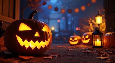 Fototapeta premium Spooky halloween scene with many jackolanterns on stone floor at night