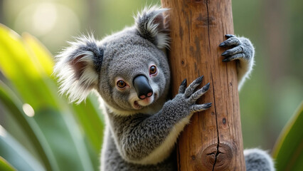 Naklejka premium Close-up Portrait of a Cute Koala Hugging a Tree Trunk in an Australian Eucalyptus Forest, Wildlife Nature and Conservation Concept, High Quality Fur Detail and Expressive Face