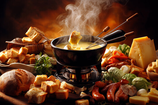 A classic Swiss fondue dish consisting of a pot of boiling melted cheese, surrounded by pieces of bread, vegetables and sausage for dipping.