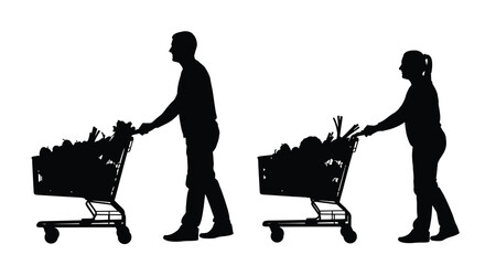 Couple shopping with full grocery carts depicted in black silhouette © MdMosharef