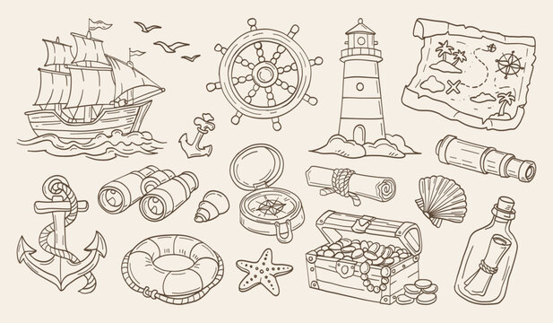 Treasure hunt sketch draws adventure's core. Sailboat, compass, and lantern glow with mystery. Starfish, anchor, and map hint at hidden riches. Treasure chest brims with gold and wonder