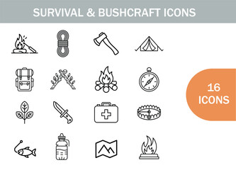 Fototapeta premium Survival and bushcraft icons depicting essential outdoor equipment and elements