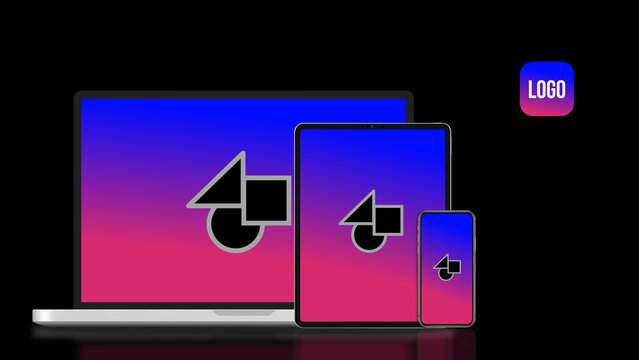 Responsive Devices Dark Mockup 4 &ndash; Desktop Laptop Tablet Smartphone Black Theme Presentation, Multi Screen Display for Website and App UI UX Showcase Template