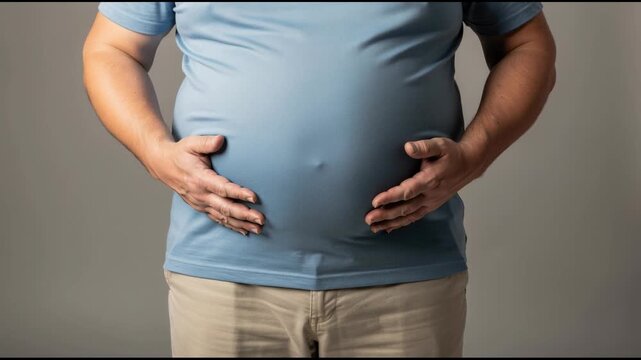 Close up of man holding his stomach with discomfort or bloating wearing casual clothes