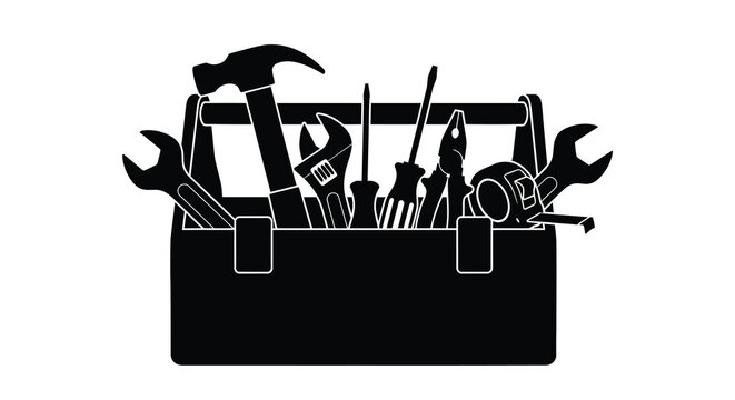 Open toolbox filled with various hand tools black silhouette
