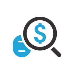 Fototapeta premium Financial analytics icon magnifying glass over dollar sign and pie chart slice