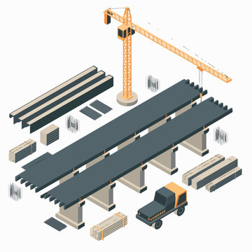 Isometric Bridge Construction Site (Precast Beams, Rebar, Crane) &ndash; Vector Illustration