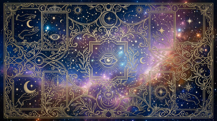 Fototapeta premium A mystical cosmic illustration depicting a golden all-seeing eye surrounded by sun rays, esoteric symbols and ornaments. Blue or purple space background with stars