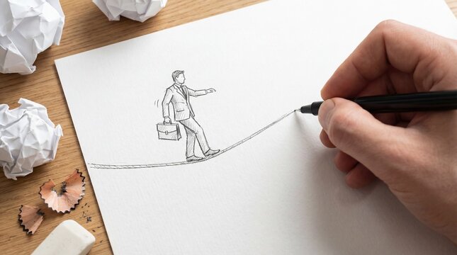 Conceptual drawing of businessman tightrope walking while hand draws precarious line, symbolizing career risk and balance