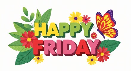 Fototapeta premium Happy Friday Colorful Typography with Flowers Leaves and Butterfly Illustration