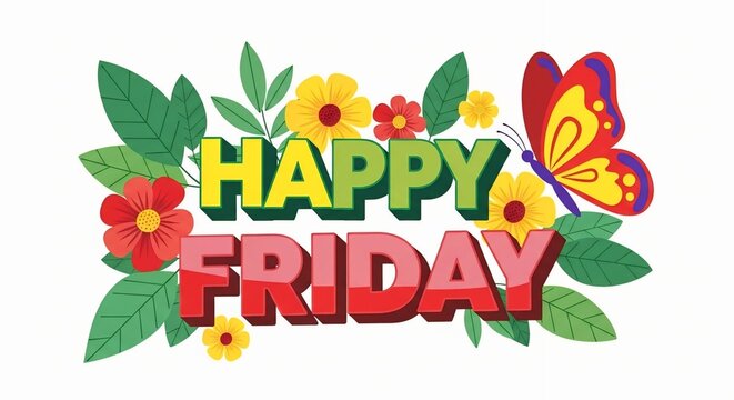 Happy Friday Colorful Typography with Flowers Leaves and Butterfly Illustration