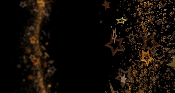 Gold stars and confetti on black background. Celebration and festive background. Glitter, sparkle and shine. Abstract lu