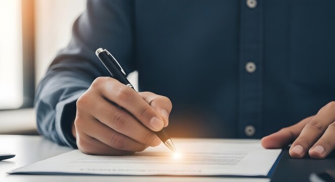 A person signing a document with a pen on a desk in a well lit room