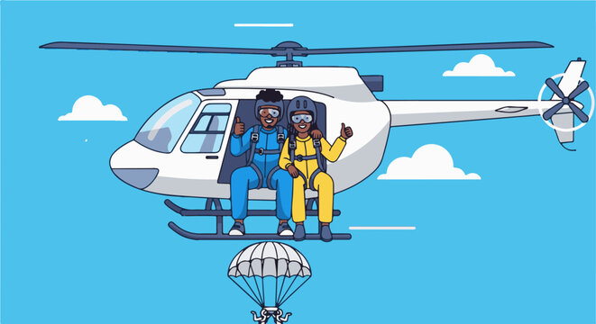 Two people in skydiving gear giving thumbs up while sitting in a helicopter