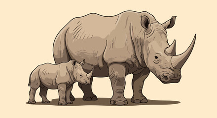 Fototapeta premium Two rhinoceroses, a large adult and a small baby, stand side by side