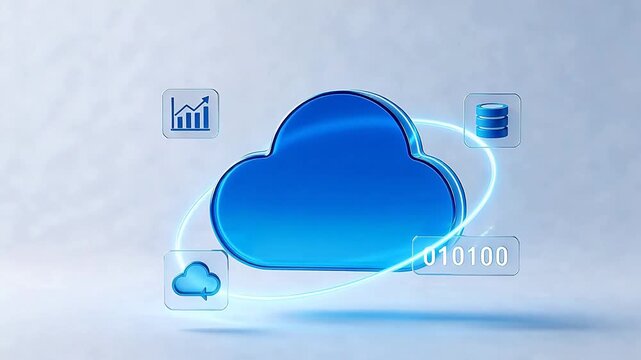 Blue cloud icon with data symbols