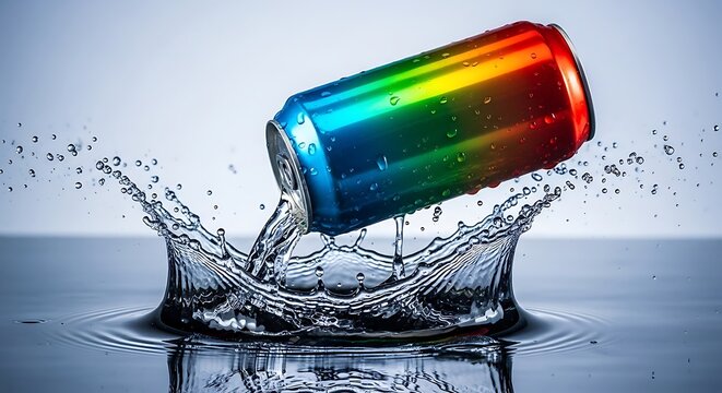 Rainbow soda can splashing into water with dynamic splash. lata refresco 