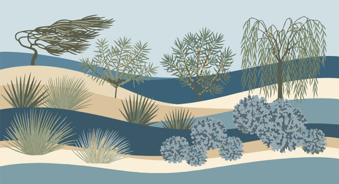Stylized natural landscape with wind-swept trees and arid vegetation