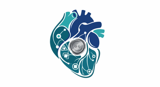 Stylized heart with circuit lines and a central button