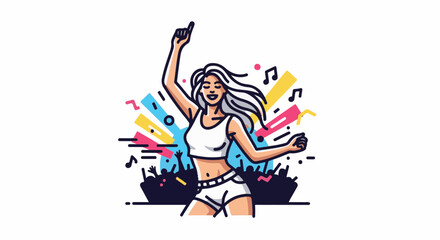 Obraz premium Stylized graphic of a woman joyfully dancing amidst colorful abstract shapes and musical notes