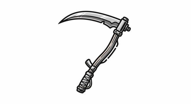 Stylized illustration of a sharp, curved blade attached to a long, curved handle