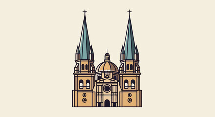 Obraz premium Stylized, flat illustration of a grand cathedral with twin spires and dome