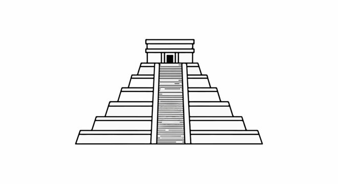 Stylized illustration of a stepped pyramid with a central staircase and a small structure atop