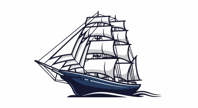 Stylized illustration of a dark blue sailing ship with full white sails on a white background