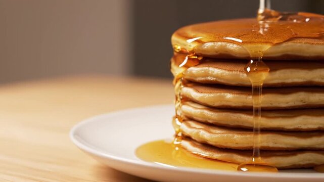 Pouring sweet maple syrup over a stack of fluffy golden pancakes on a white plate. Close up view of breakfast food on a table.