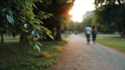 Fototapeta premium A couple enjoys a tranquil walk through a lush green park during the warm soft glow of golden hour sunset with vibrant foliage in the foreground