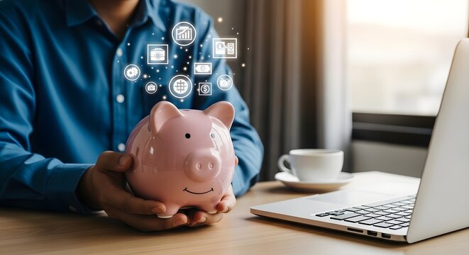 Man saving money with piggy bank and laptop on desk near window